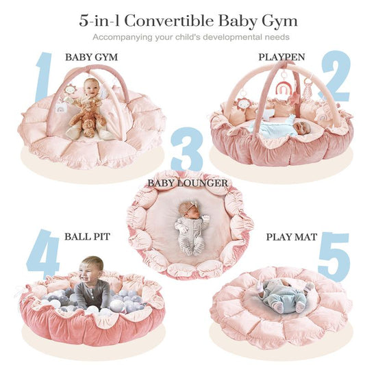 5-in-1 Thick & Plush Baby Play Gym, Tummy Time Play Mat with 6 Toys, Cat Bed
