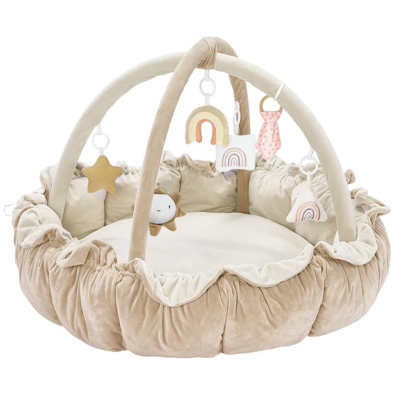 5-in-1 Thick & Plush Baby Play Gym, Tummy Time Play Mat with 6 Toys, Cat Bed