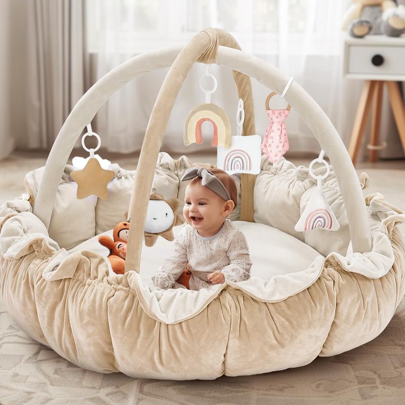 5-in-1 Thick & Plush Baby Play Gym, Tummy Time Play Mat with 6 Toys, Cat Bed