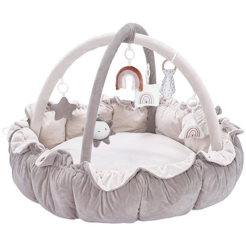5-in-1 Thick & Plush Baby Play Gym, Tummy Time Play Mat with 6 Toys, Cat Bed