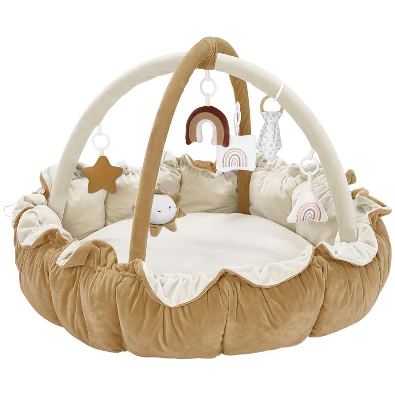 5-in-1 Thick & Plush Baby Play Gym, Tummy Time Play Mat with 6 Toys, Cat Bed