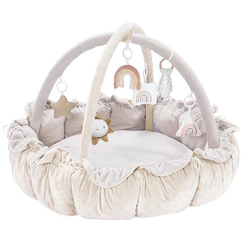 5-in-1 Thick & Plush Baby Play Gym, Tummy Time Play Mat with 6 Toys, Cat Bed