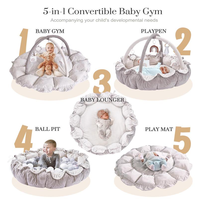 5-in-1 Thick & Plush Baby Play Gym, Tummy Time Play Mat with 6 Toys, Cat Bed
