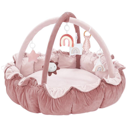 5-in-1 Thick & Plush Baby Play Gym, Tummy Time Play Mat with 6 Toys, Cat Bed
