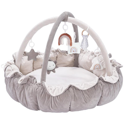 5-in-1 Thick & Plush Baby Play Gym, Tummy Time Play Mat with 6 Toys, Cat Bed