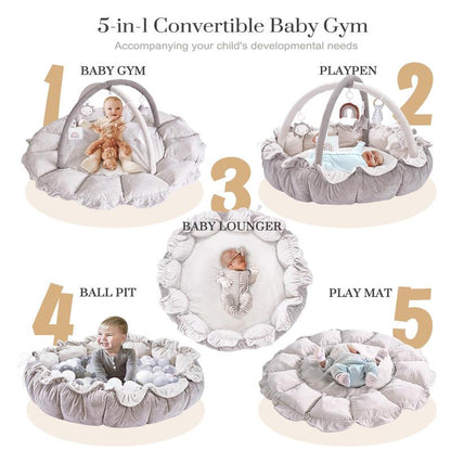 5-in-1 Thick & Plush Baby Play Gym, Tummy Time Play Mat with 6 Toys, Cat Bed